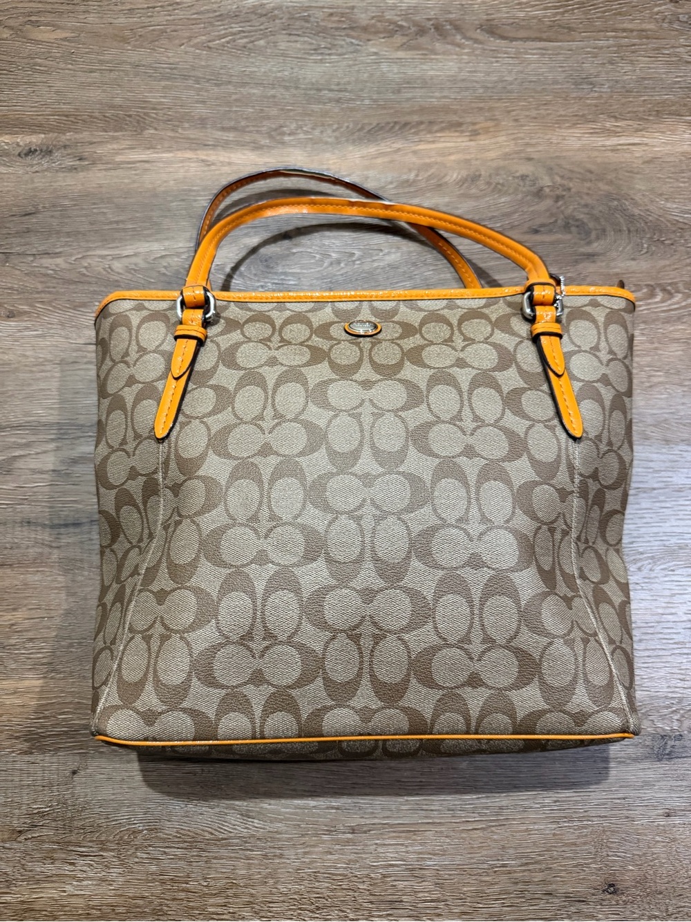 Coach Signature Canvas Zip Top Tote Bag Khaki Orange Leather Trim - Picture 6 of 13